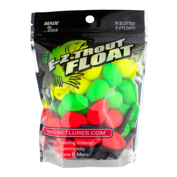Leland's Lures E-Z Trout Floats 36-Pack with Yellow, Green, and Red floats in bag
