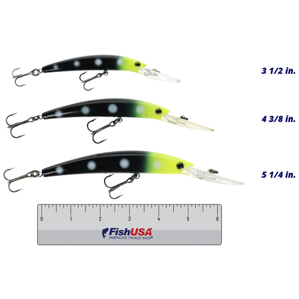 Yo-Zuri Crystal Minnow Walleye Deep Diver color Zombie in all sizes (3 1/2 in., 4 3/8 in., 5 1/4 in.) above a 6 inch FishUSA ruler