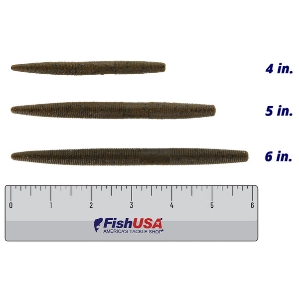 Berkley PowerBait MaxScent The General Soft Bait color Green Pumpkin in all sizes (4 in., 5 in., 6 in.) above a 6 inch FishUSA ruler