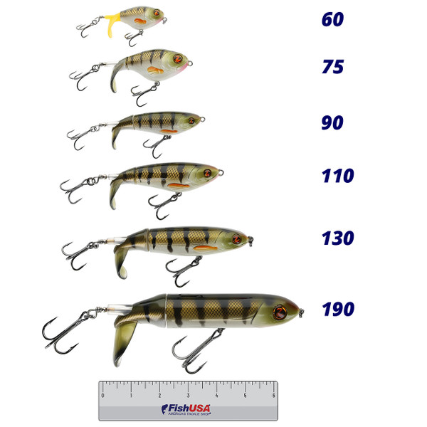 River2Sea Whopper Plopper color Perch in all sizes 60, 75, 90, 110, 130, 190 above a 6 inch FishUSA ruler
