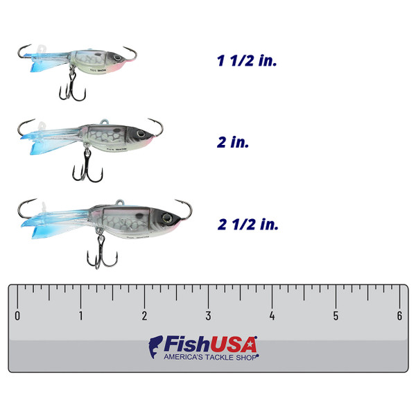 ACME Tackle Hyper Glide color Shadz in all sizes (1 1/2 in., 2 in., 2 1/2 in.) above a 6 inch FishUSA ruler