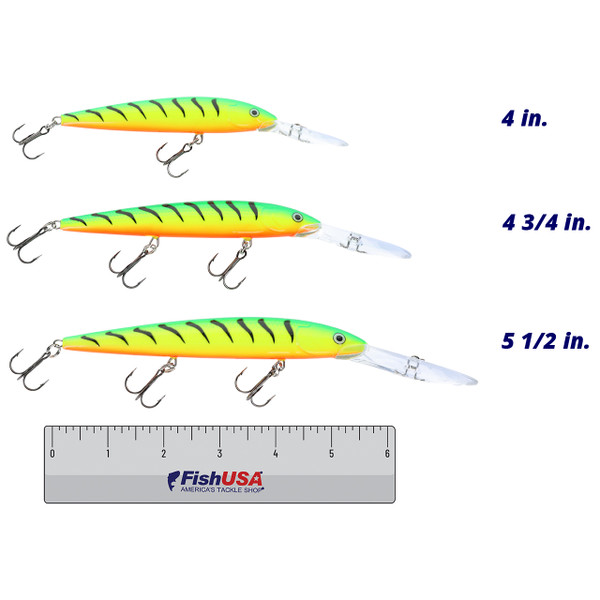 Rapala Down Deep Husky Jerk color Firetiger in all sizes (4 in., 4 3/4 in., 5 1/2 in.) above a 6 inch FishUSA ruler
