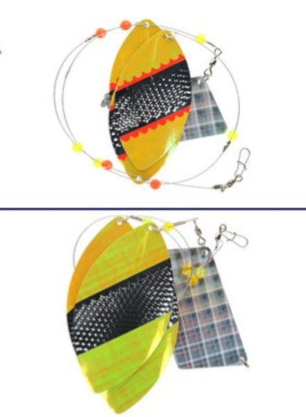 Hammerhead Tackle Cowbell Spinner color Sunrise showing the difference in pattern between the sizes