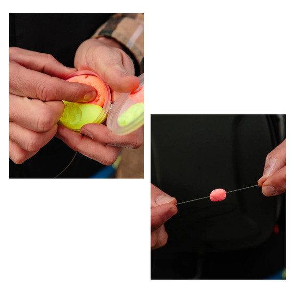 Photos showing how to use the Loon Outdoors BioStrike putty from container, onto fishing line