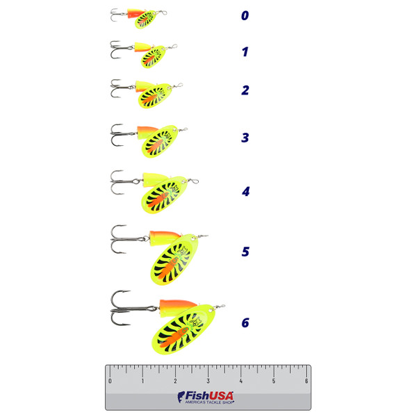 Blue Fox Classic Vibrax Spinner  Size Chart with ruler, Sizes 0 1 2 3 4 5 6 with color Firetiger
