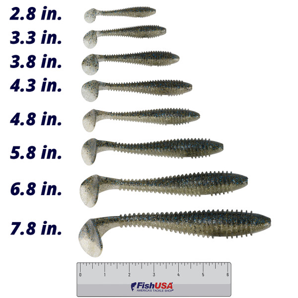 Keitech Fat Swing Impact comparison of sizes 2.8, 3.3, 3.8, 4.3, 4.8, 5.8, 6.8, and 7.8 in. color Bluegill Flash
