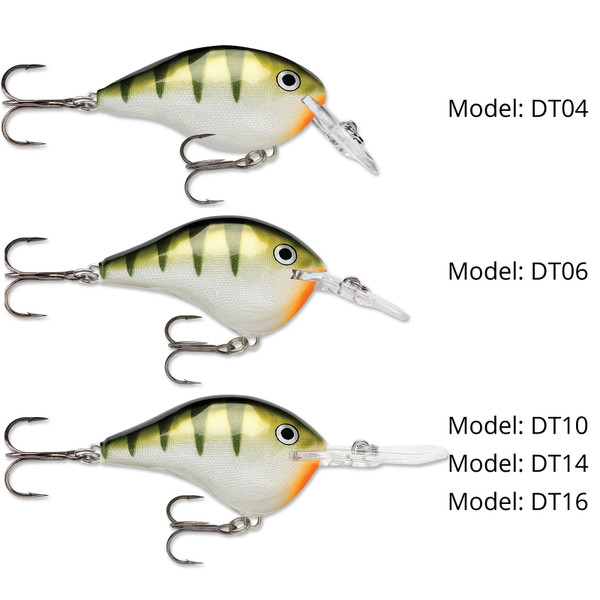 Rapala DT Dives-To Crankbait Size comparison image showing all different lips