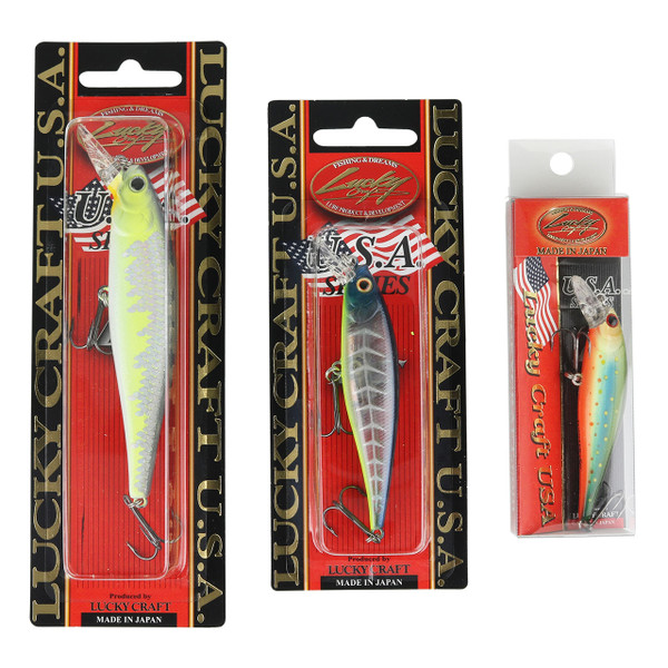 Lucky Craft Pointer Jerkbait color MS Crack (size 100), Bone Pro Blue (size 78) and Brooke Trout (size 65)