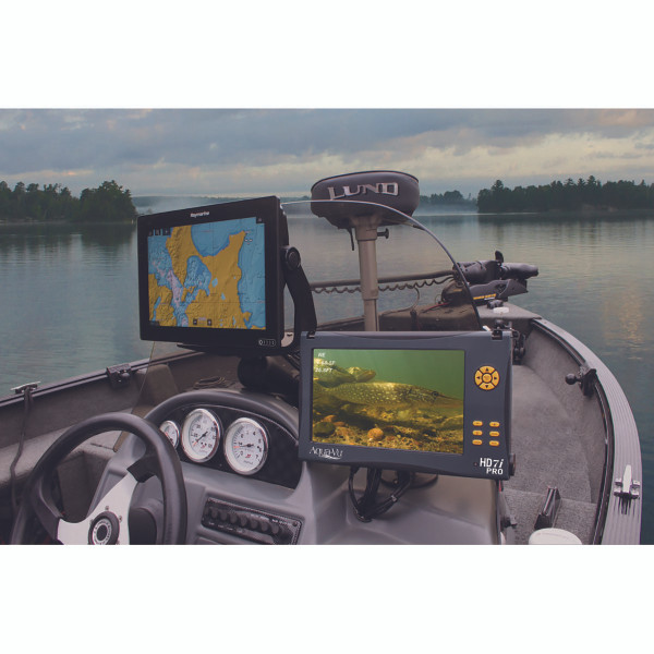 Aqua-Vu HD7i Underwater Camera HD7i Pro shows two monitors on the bow of a boat on a lake, the extra screen is not included