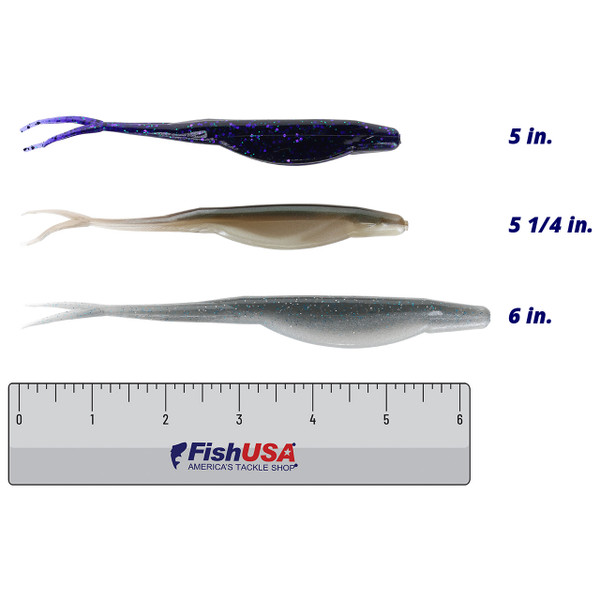 Zoom Super Fluke color Candy Bug (5 in.), Arkansas Shiner (5 1/4 in.) and Smokin Shad (6 in.) above a 6 inch FishUSA ruler