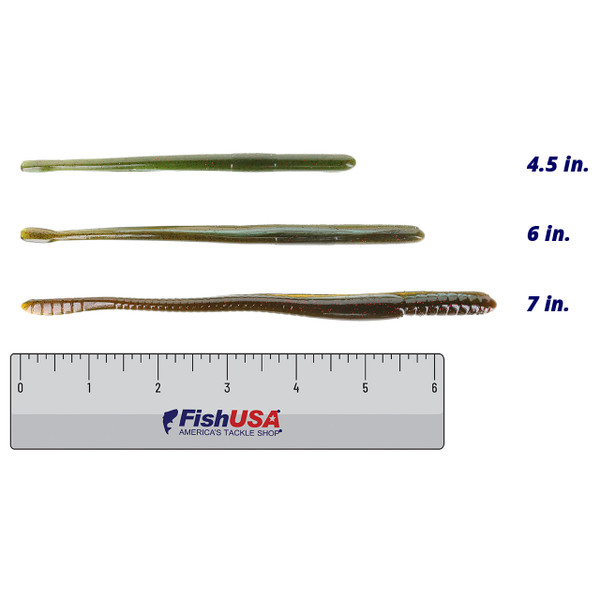 Roboworm Straight Tail Worms color Green Neon Pumpkin in all sizes (4.5 in., 6 in., 7 in.) above a 6 inch FishUSA ruler