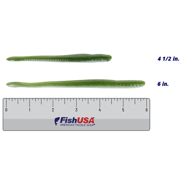 Roboworm Fat Straight Tail Worms YM Baby Bass in both sizes (4 1/2 in., 6 in.) above a 6 inch FishUSA ruler
