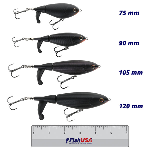 Berkley Choppo Topwater Lure color Maverick in all sizes (75 mm, 90 mm, 105 mm, 120 mm) above a 6 inch FishUSA ruler