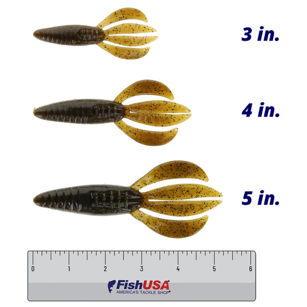 Berkley PowerBait Pit Boss color Green Pumpkin in all sizes (3 in., 4 in., 5in.) above a 6 inch FishUSA ruler