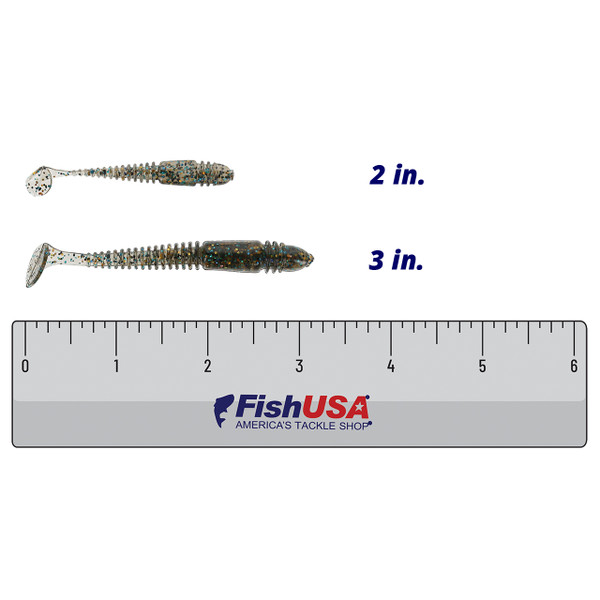 Eurotackle Micro Finesse B-Vibe color Bluegill Pro showing both sizes (2 in., 3 in.) above a 6 inch FishUSA ruler