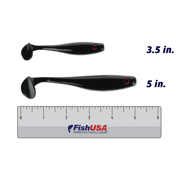 Big Bite Baits Suicide Shad color Black in both sizes (3.5 in. and 5 in.) above a 6 inch FishUSA ruler