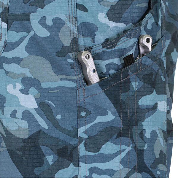 AFTCO Men's Tactical Fishing Shorts color Blue Camo pocket view tools not included