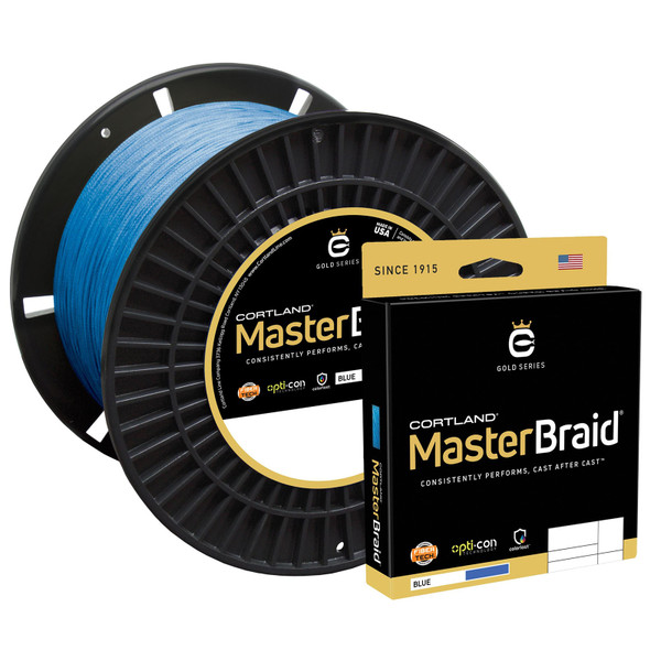 Cortland Master Braid Line Blue next to a smaller single use spool box