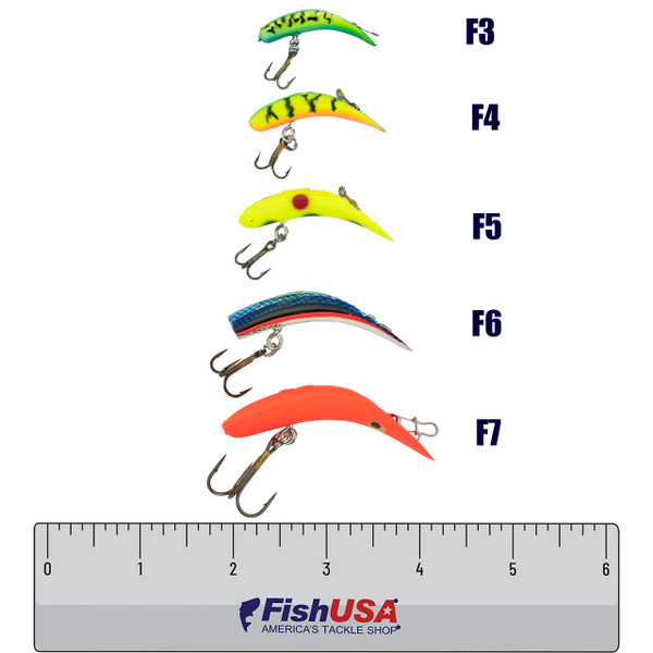 Worden's Original Flatfish - F3/F4/F5/F6/F7 Size Chart- Blue Chrome Black Tiger F3, Firetiger F4, Charteuse F5, Mettalic Siver Blue Scale F6, Fluorescent Orange F7