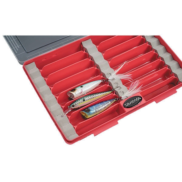 Daiwa Tactical Lure Organizer open with three lures in own storage cavities and their treble hooks on foam hook stabilizer