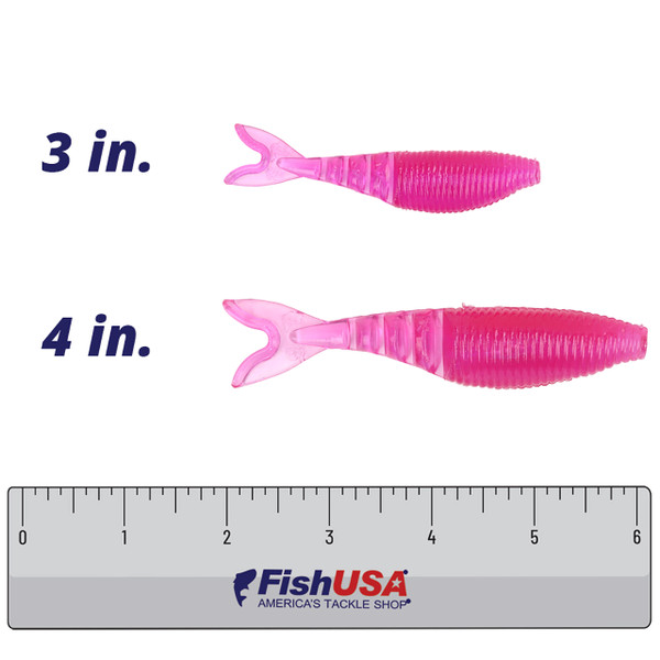 Yamamoto Zako Swimbait color Morning Dawn in both sizes (3 in. and 4 in.) above a 6 inch FishUSA ruler