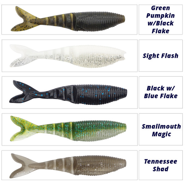 Yamamoto Zako Swimbait Hot Colors from top to bottom: Green Pumpkin w/ Black Flake, Sight Flash, Black w/ Blue Flake, Smallmouth Magic, Tennessee Shad