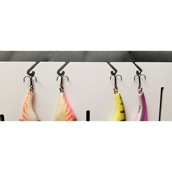 Lakewood Lure Caddy Soft-Sided Hard Tackle Box close up view of hook slots and lures hanging from them