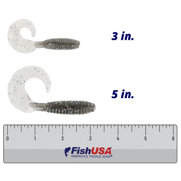 Kalin's Lunker Grub Soft Bait color Smoke Hologram in both sizes (3 in., 5 in.) above a 6 inch FishUSA ruler