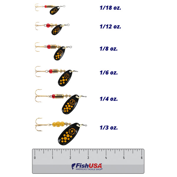 Mepps Black Fury Spinner color Yellow Dots in all sizes (1/18 oz., 1/12 oz., 1/8 oz., 1/6 oz., 1/4 oz., 1/3 oz.) above a 6 inch FishUSA ruler