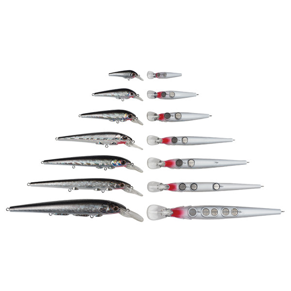 Berkley Hit Stick Hard Bait Black Silver color in six sizes showing side and bottom views