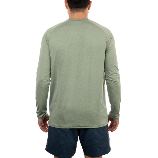 AFTCO Men's Samurai 2 Long Sleeve Performance Shirt Color Olive Heather Back View on Model