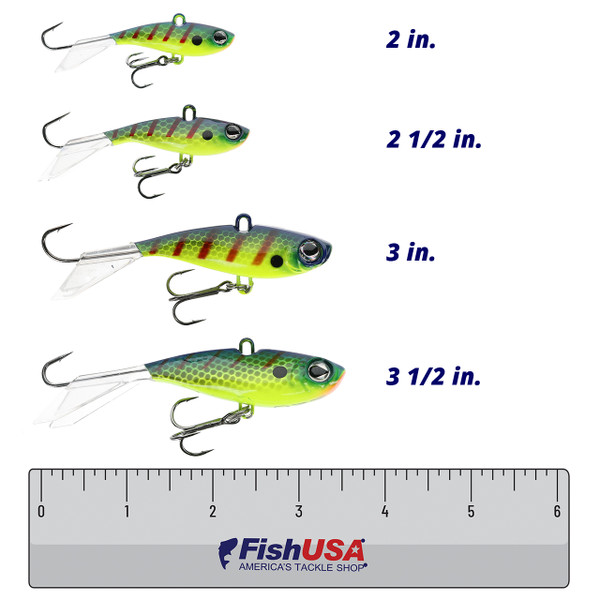 Walleye Nation Creations Rip-N-Glide Jigging Lure color Psycho Perch in all sizes (2 in., 2 1/2 in., 3 in., 3 1/2 in.) above a 6 inch FishUSA ruler