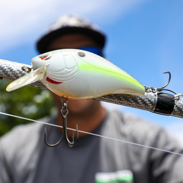 Close up of a SPRO Hunter Crank 65 Squarebill Crankbait Nasty Shad color set on an angler's fishing rod hook keeper