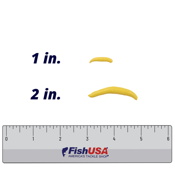 Berkley Gulp! Floating Pinched Crawlers color Chunky Cheese comparison of 1in. and 2in.