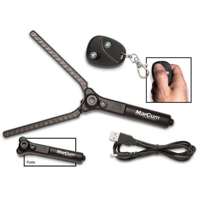 Components of the MarCum Wireless Camera Panner System, including wireless remote, power cable, and camera panner