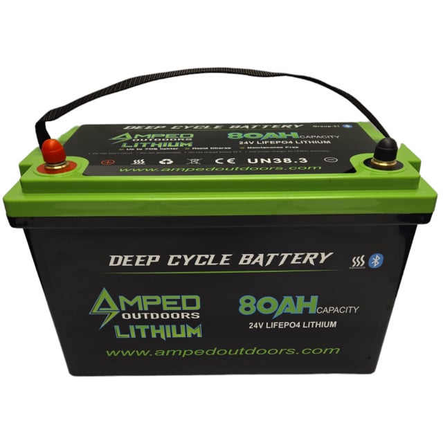 Amped Outdoors 24V 80Ah LiFePO4 Trolling Motor Lithium Battery with Charger—Heated