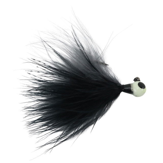 Close-up white Shad Jig Head and Hand tie deer hair fishing jig hooks  isolated on black Stock Photo