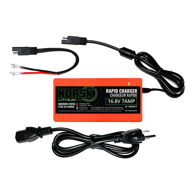 Norsk 16.8V 7A NMC Rapid Charger with Quick Connect and SAE adapter for 14.8V 30Ah and 50Ah lithium batteries.