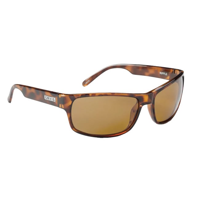 Orvis Superlight Riffle Sunglasses with a tortoise frame and polarized amber lenses.