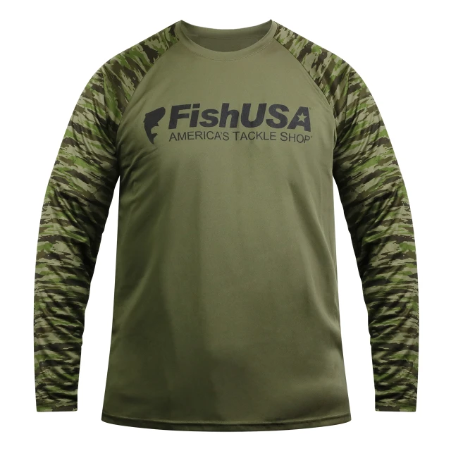 FishUSA Covert Performance Long Sleeve T-Shirt front olive color body with chest FishUSA logo and camo pattern sleeves