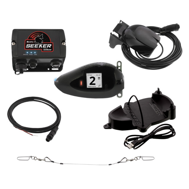 Scotty Seeker 5000 Complete System: probe, hub, hydrophone, and charger for trolling depth, speed, and temperature tracking.
