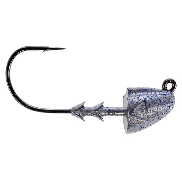 Buckeye Lures Shocker Swimbait Head in Blue Glimmer with keeled head and double bait keeper.