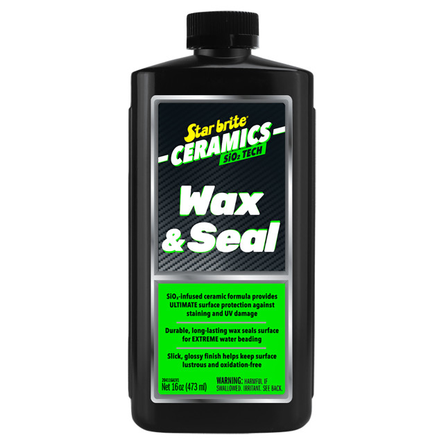 Star Brite Ceramic Wax & Seal 16 oz. bottle with SiO₂ formula for lasting gloss and UV protection on fiberglass and gelcoat.