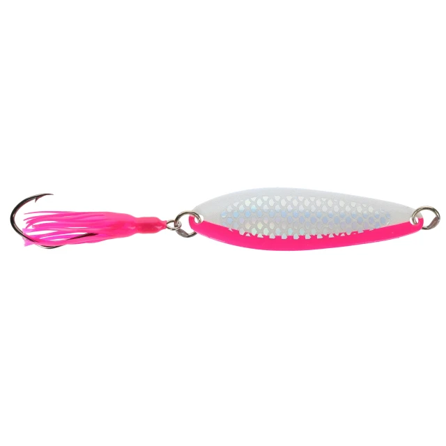 Silver Horde Kingfisher Tailwagger Hoochie Trolling Spoon color UV Glow Strawberry Cream