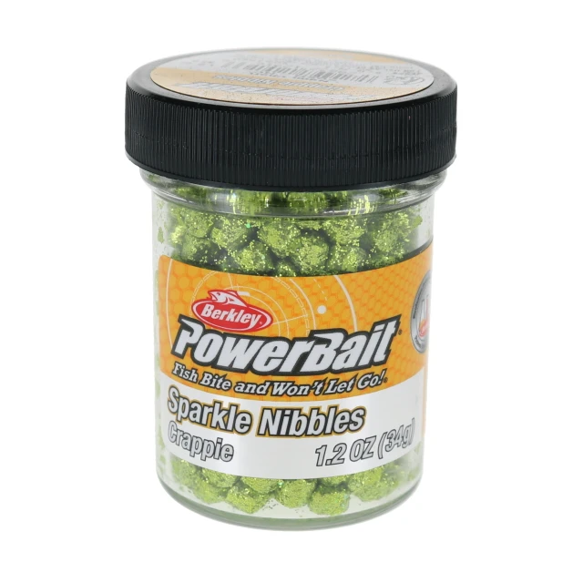 Berkley PowerBait Sparkle Crappie Nibbles color Neon Chartreuse in the jar