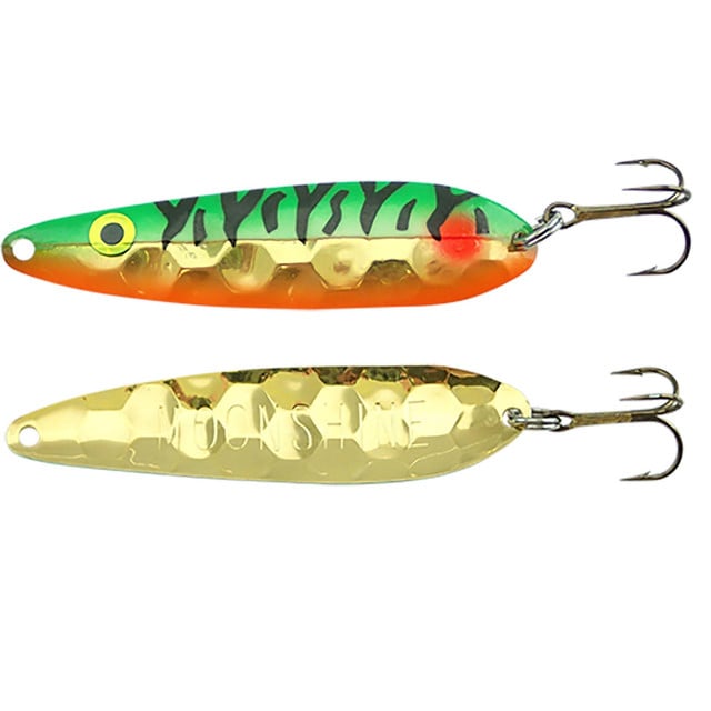 Moonshine Lures Half Moon Walleye Spoon color Wild Perch Gold showing front and back views