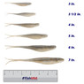 Z-Man Scented Jerk Shadz color Smokey Shad in all sizes (3 in., 3 1/2 in., 4 in., 5 in., 6 in., 7 in.) above a 6 inch FishUSA ruler