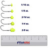 Size comparison of 1/16, 1/8, 3/16, 1/4, and 3/8 oz. VMC Swingin' Ned Rig Jig color Chartreuse over a FishUSA ruler