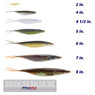 Deps Sakamata Shad Soft Jerkbait in color Wakasagi (2 in.), Silver Shiner (4 in.), Purple Shad (4 1/2 in.),  Watermelon Pro Blue (5 in.), and Golden Shiner (6 in.), Pearl Wakasagi (7 in.), Real Baby Bass (8 in.)  above a 6 inch FishUSA ruler