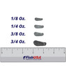 Lindy Walking Slip Sinker Comparison 1/8, 1/4, 3/8, and 3/4 oz. size shapes and lengths over a FishUSA ruler